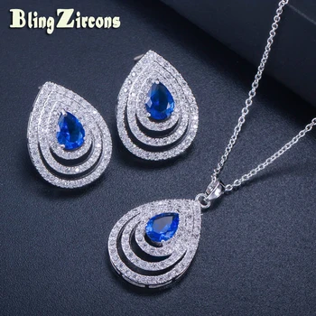

BeaQueen New Fashion Pear Shape Royal Blue Water Drop Cubic Zirconia Stone Earring Pendant Necklace Women Jewelry Sets JS127