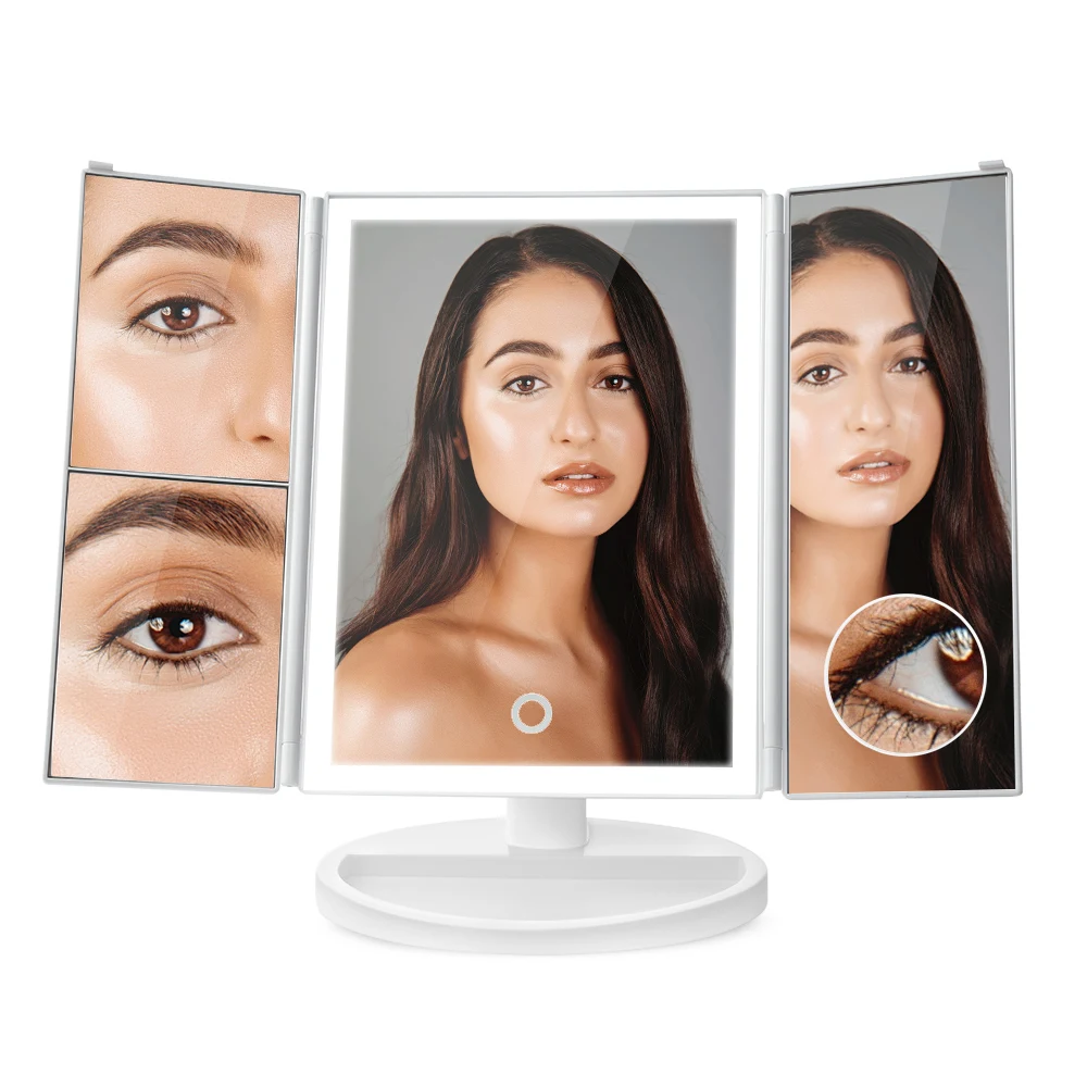 

Pro Tri-Folded LED Light Makeup Mirror 2X 3X 10X Magnification Folding Lamp Luminous Cosmetic Mirror Adjustable Tabletop Mirrors