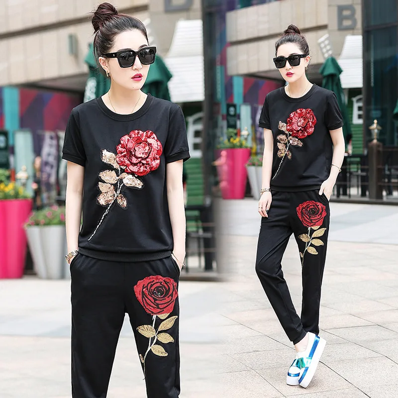 

2018 Summer Women Suit Rose Trousers Suit With Sequins 2 Piece Set Women's Tracksuits Pullover Female Set Clothing Plus Size 3XL