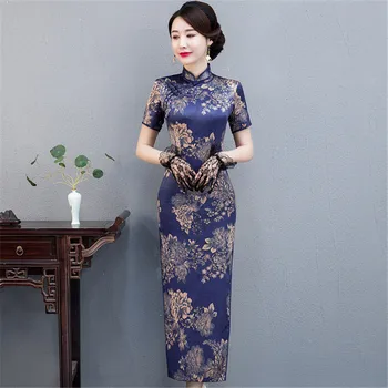 

Navy Blue Sexy High Split Women Cheongsam Qipao Satin Print Flower Formal Long Dress Vintage Short Sleeve Summer New Vestidos