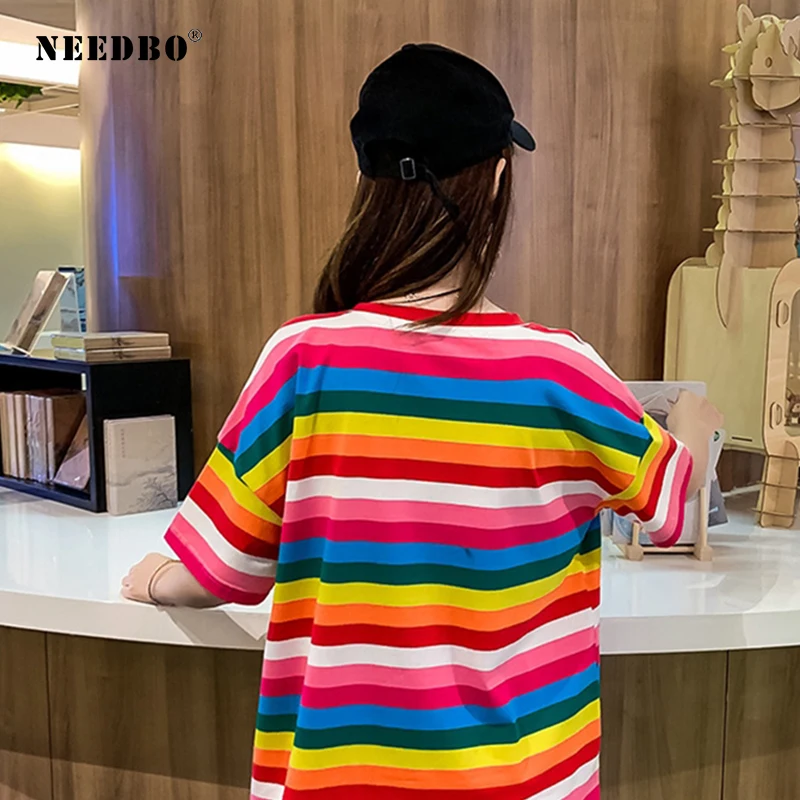 Женская футболка NEEDBO из хлопка 2020 забавная полосатая женская радужные Топы И
