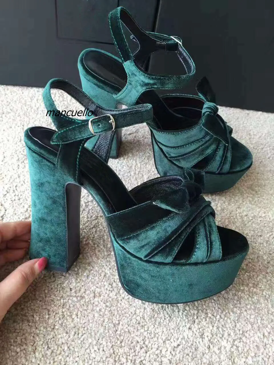 green suede block heels