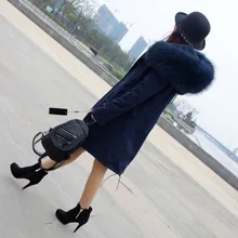 Korean Style 2017 Winter Women’s Fashion Slim Navy Blue Big Real Raccoon Fur Hooded Long Thick Parkas Jackets Faux Lining Coats