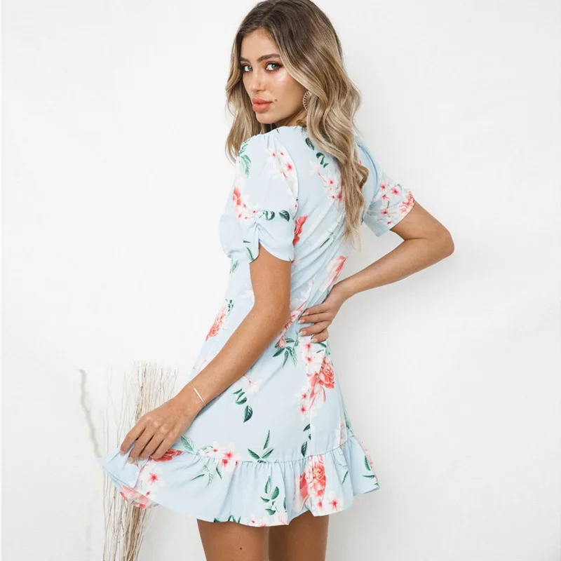 Женское платье с коротким рукавом Boho пляжное глубоким v образным вырезом и рюшами
