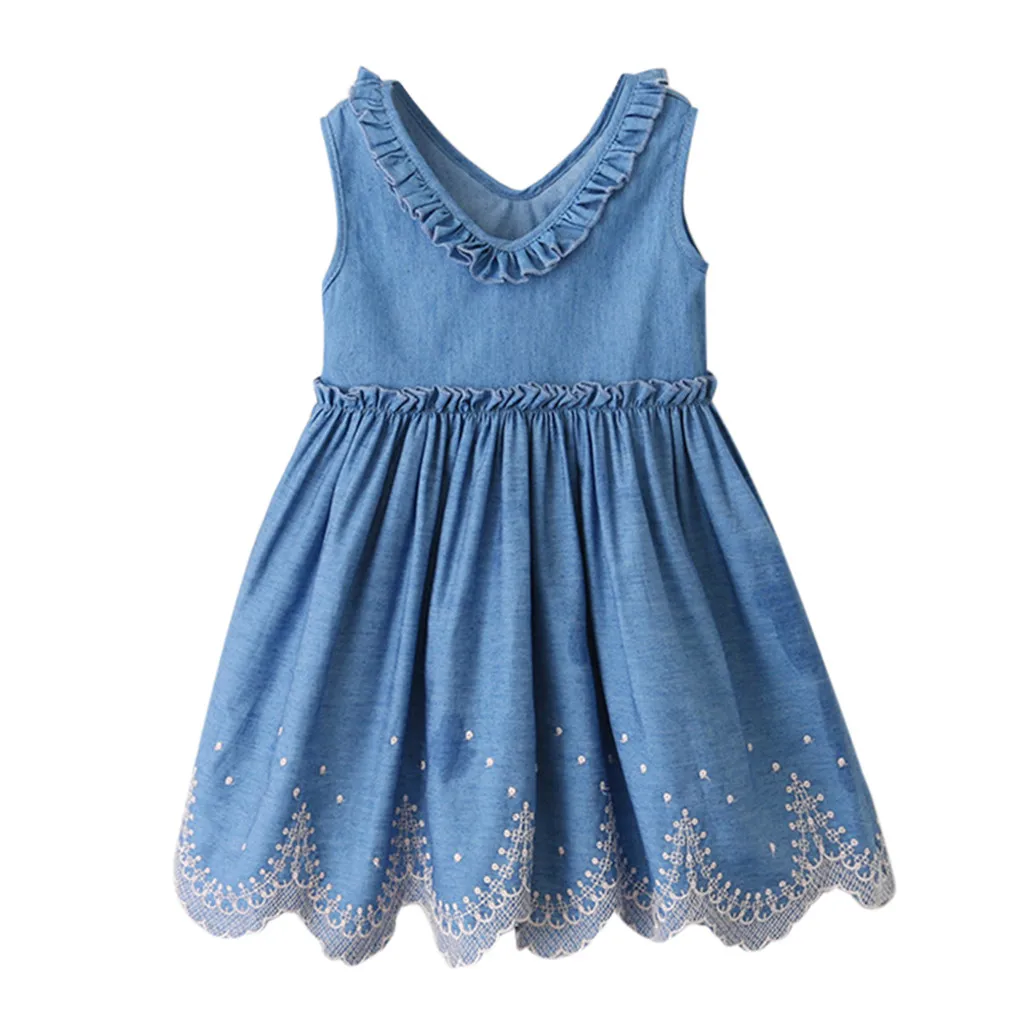 

Fashionable wooden ear embroidered denim dress Toddler Kids Baby Girls Clothes Embroidery Denim Party Pageant Princess Dress F4
