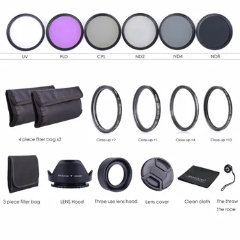 

49MM-Lens-Filter-Kit-UV-CPL-FLD-ND-2-4-8-Macro-Close-Up-Lens-Set-for-Nikon &Rubber Lens Hoods / Cleaning Cloth set for Nikon
