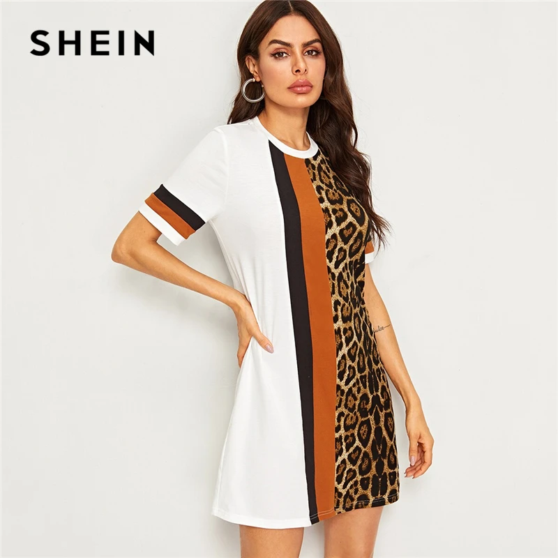 Женская туника с леопардовым принтом SHEIN летнее платье коротким рукавом и