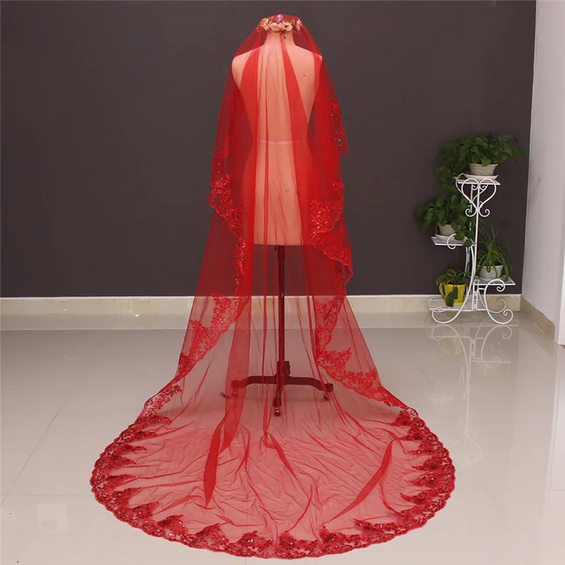 Новая Однослойная Кружевная аппликация красная длинная свадебная вуаль без гребня 3 метра Длинная фата невесты Фата, свадьба