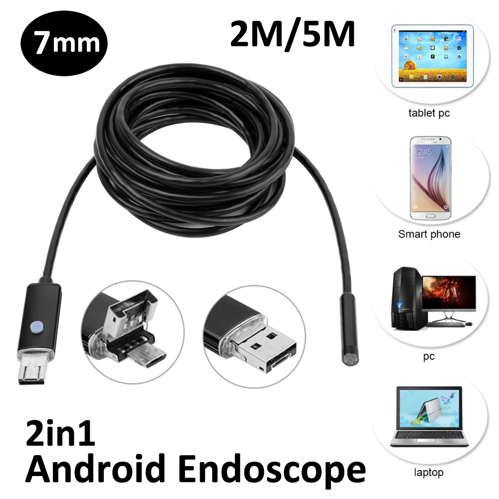 Новое поступление 7 мм 2in1 usb-эндоскоп для Камера 2 м 5 м OTG Micro USB змея трубка для обследований Borescope IP68 Водонепроницаемый 6 шт. светодиодный