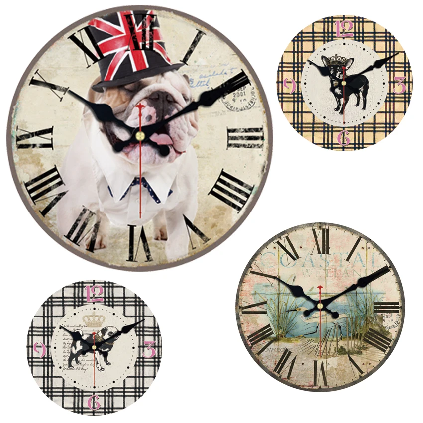 

Fun Little Dog Large Decorative Round Wall Clock Living Room Wall Decor Saat Fashion Silent Vintage Watch Wall For New Year Gift