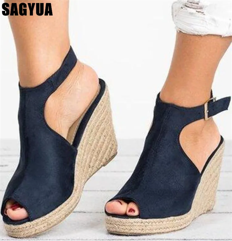 

Spring summer new women Retro Fish mouth sandals Wedges Weaving woman Platform slip on Casual shoes fashion ladies shoes A918