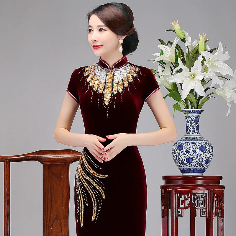 New Elegant Female Chinese Vintage Dress Floral Slim Velvet Mandarin Collar Long Qipao Cheongsam Plus Size Vestidos S-4XL