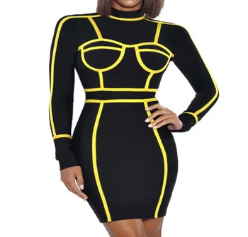 

Europe & America 2019 women bandage dress black rayon long sleeve evening club party bodycon dresses spring autumn dress vestido