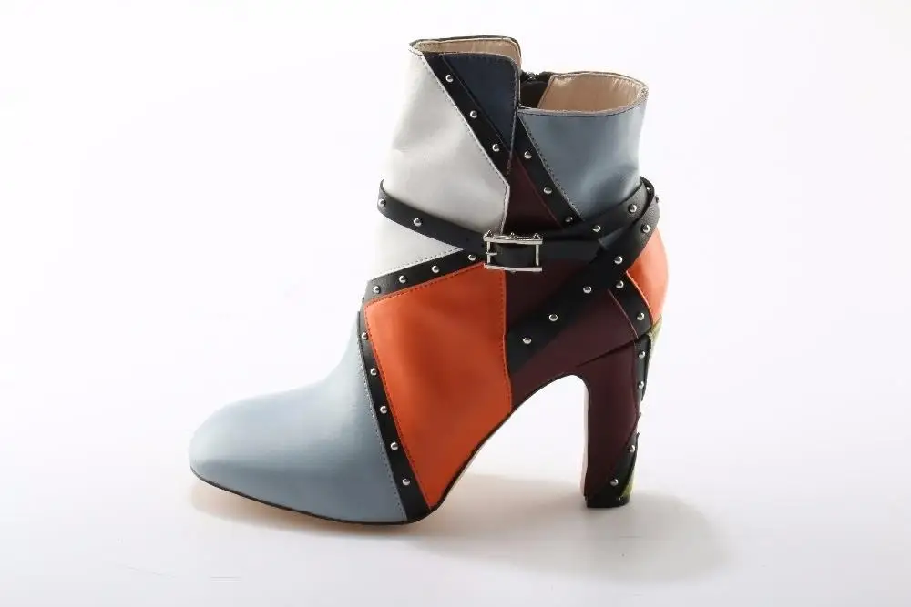 

Geometric style ankle boots rivets studded thick heels short boots for woman buckle strap boot mixed color ankle bootie