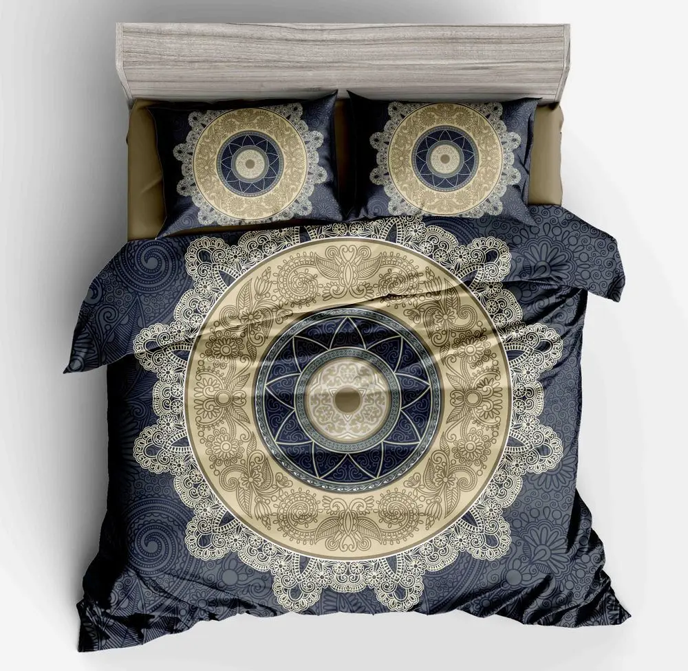 Bohemian Duvet Cover Set,Blue and Gold Boho Exotic Mandala Medallion