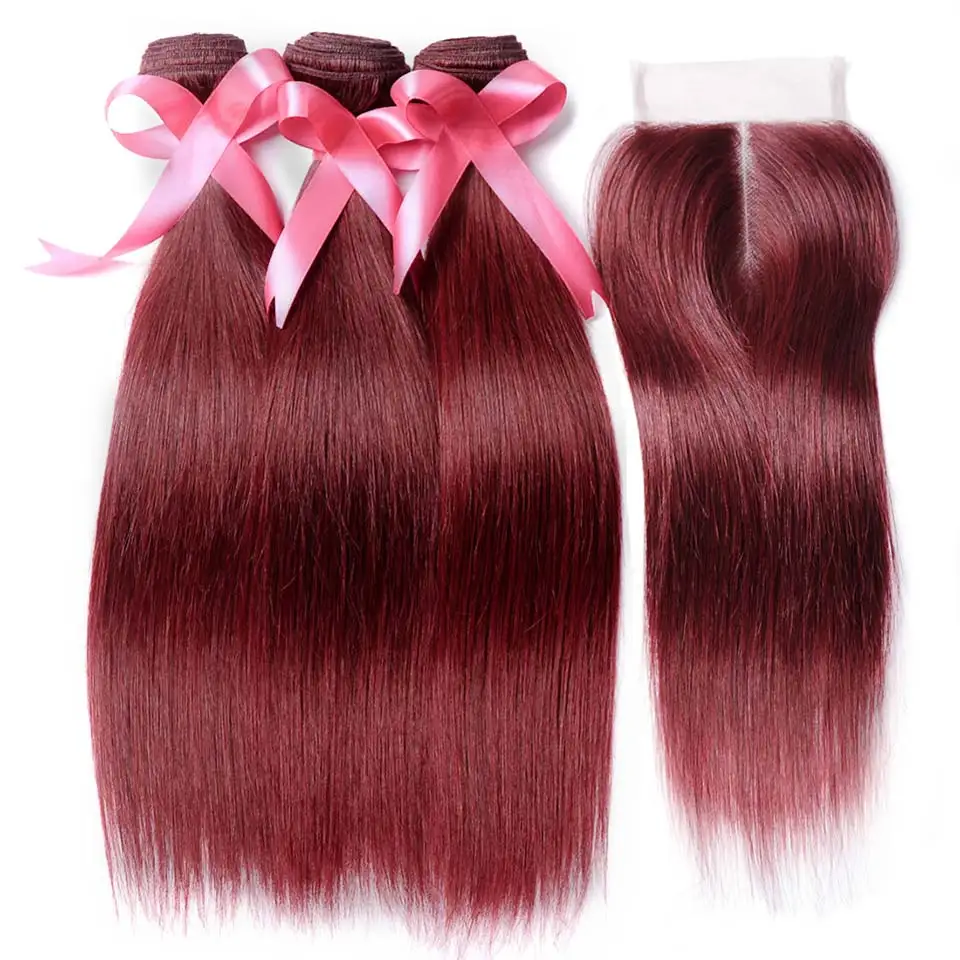Bold Red 99J Hair 3 Bundles With Closure Burgundy Brazilian Straight Human Hair Weave Bundle With Closure Cheap (5)