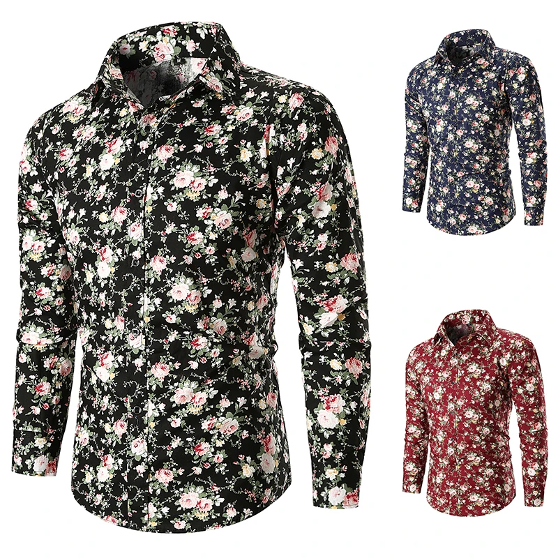 

2019 Spring and Autumn New Men's Casual Luxury Green Leaf Flower Long Sleeve Slim Style Floral Print Shirt Men's Clothing
