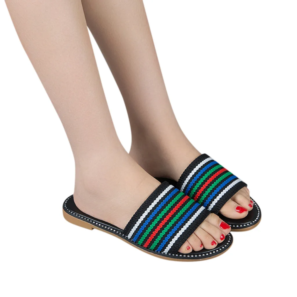 

SAGACE Slippers 2019 Women's Colorblock Striped Cloth Open Toe Slippers Summer Casual Non-Slip Roman Beach Shoes Mar26