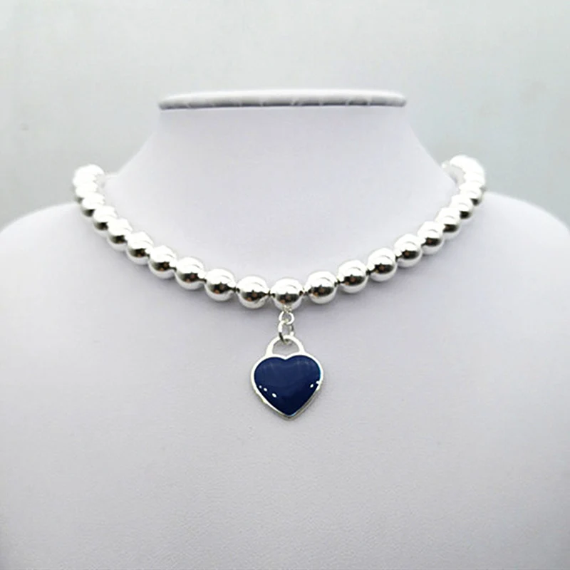 

TIFF original 100% 925 sterling silver heart-shaped blue epoxy beads necklace pendant with logo1:1 high quality fashion jewelry