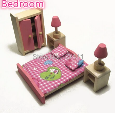 بيت الدمية والأثاث مجموعات مع 6 قطع دمى دمى أثاث المنزل كيد نوم لعبة خشبية مصغرة لعبة خشبية للأطفال