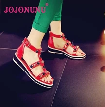 women real genuine leather rivets ankle strap peep toe flat sandals brand sexy fashion heeled ladies shoes size 33-43 R6553