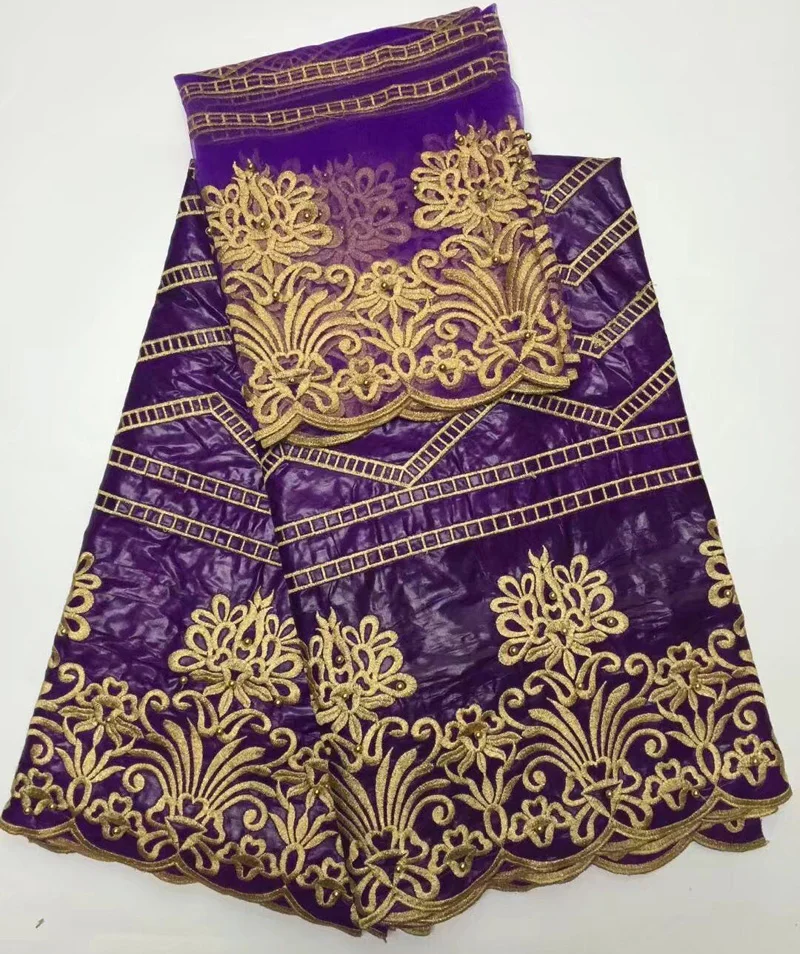 

(5+2 yards/set) purple African bazin cotton lace fabric with gorgeous gold embroidery and beads for party dress CBL22