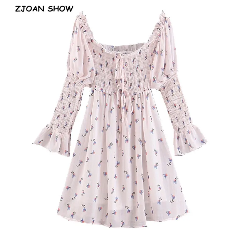 

2019 Retro Small Flower Elastic Ruched Dress Sexy Women Off Shoulder Long Puff Sleeve Slim Mini Short Dresses Femme Vestido