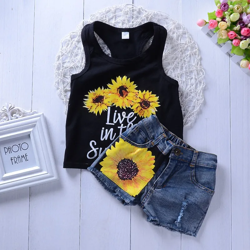 

Hot Selling Child Clothes Set Summer Fashion Letter Print Tops+Sunflower Jeans 2pcs Suit Kid Clothing New Arrival