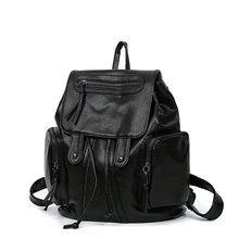Fashion Black Gold Backpack Women Plain PU Leather Casual Sofe Bag Ladies Designer Drawstring Washable Leather Dayback