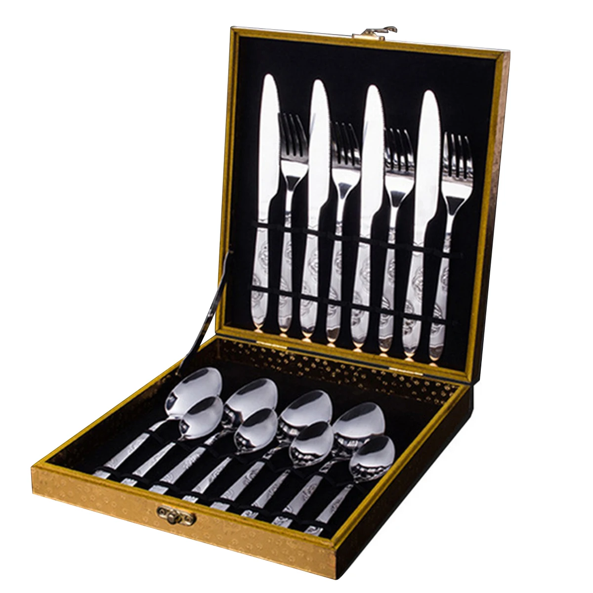 

16PCS/Set Stainless Steel Fork Spoon Knife Cutlery Set With Case Steak Knife Coffee Spoon Scoop Tableware Flatware Kit