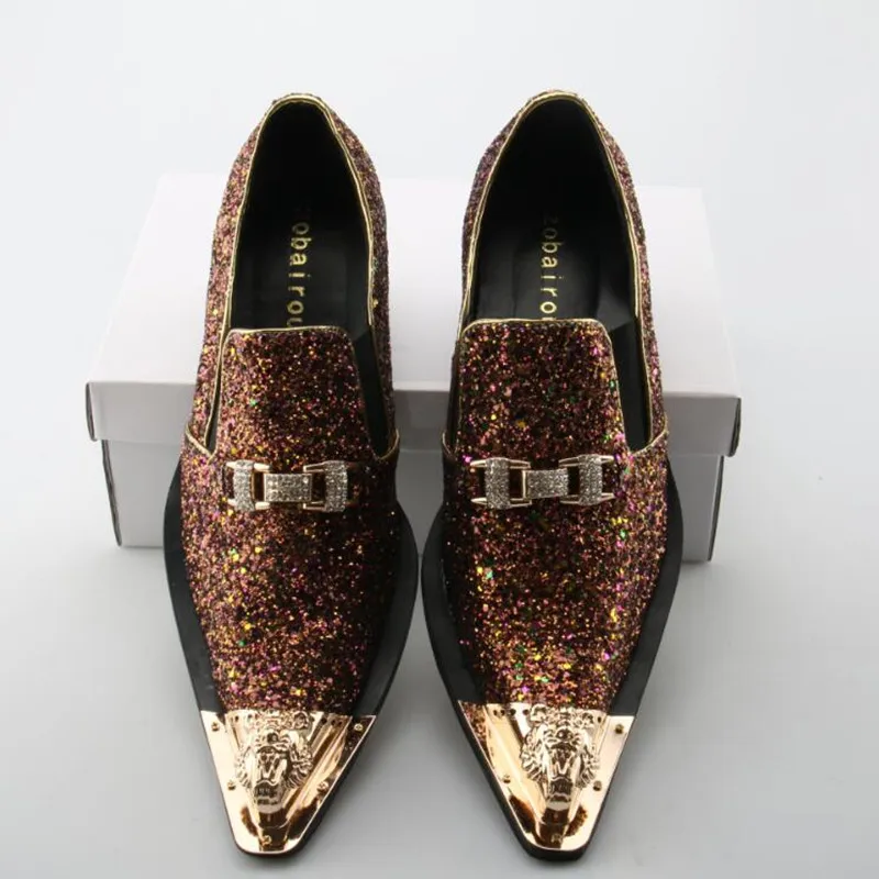 Zobairou/Мужская обувь; Роскошная брендовая блестящая Золотое свадебное платье; мужские итальянские ботинки; кожаная официальная обувь с острым носком; mocassin homme