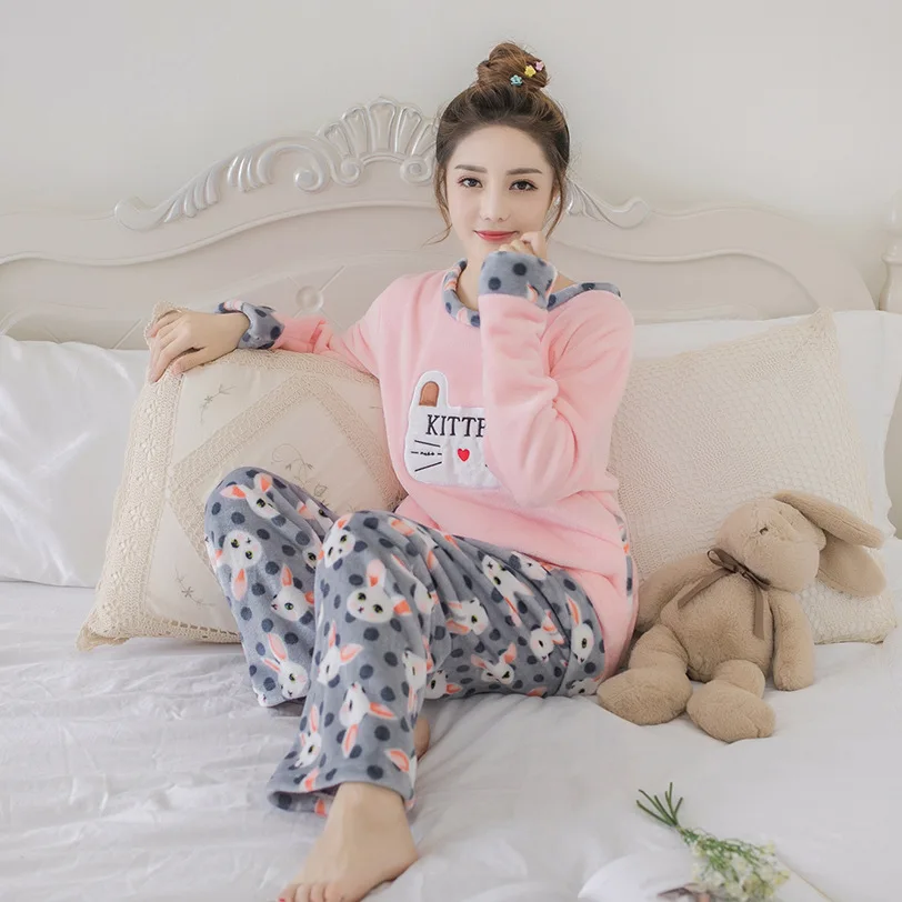 

JINUO New Arrival Casual Women Winter Flannel Pajama Suit Young Ladies Sweet Cartoon Cat Head Lovely Soft Home Sleepwear