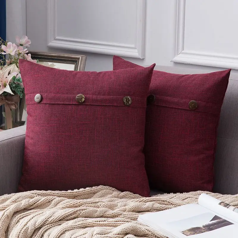 Декоративные льняные наволочки на подушку, Чехол на подушку с тремя кнопками, винтажный Чехол на подушку для дивана, дивана, кровати - Цвет: Button-Cranberry Red