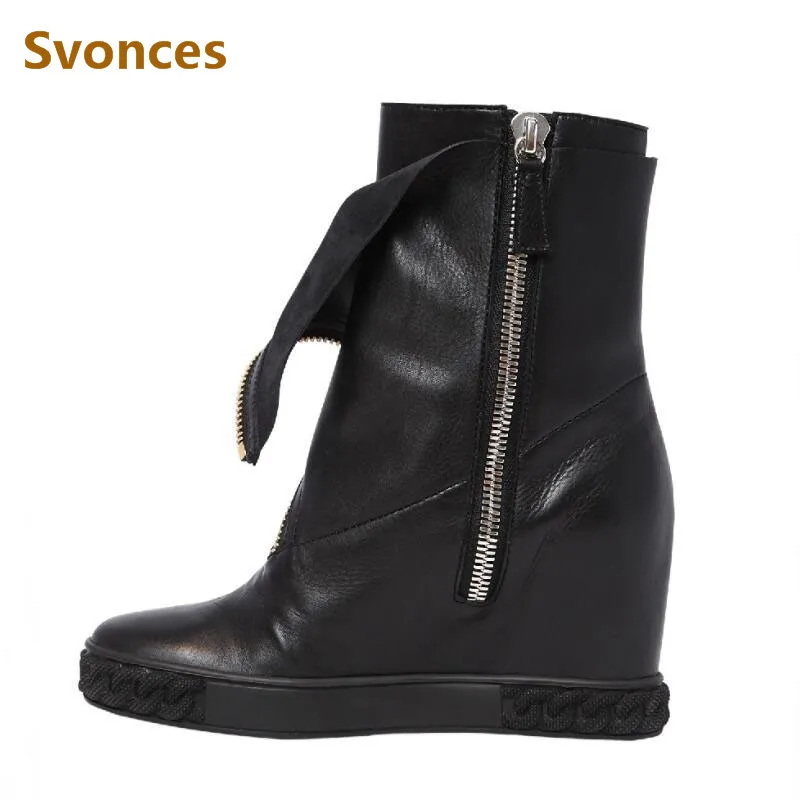 

Fashion Wedge Woman Boots Solid Black Height Increasing Platform Zipper Botas Genuine Leather 8CM High Heel Short Boots Shoes