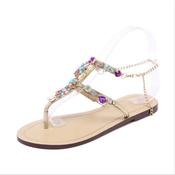 

2019 women's sandals fashion rhinestone decorative clip toe metal chain flat sandals women shoes size 34-46