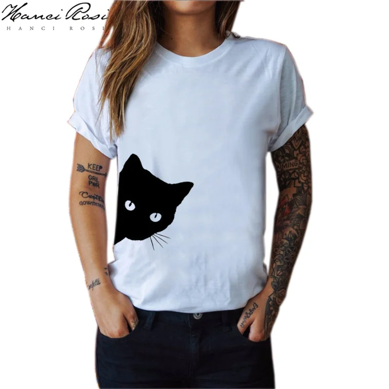 

OSULIVAN Vogue T Shirt Camiseta Vogue Woman T Shirt Dames Kleding Tshirt O Neck Short Sleeve Cat Print Casual Streetwear Sweet