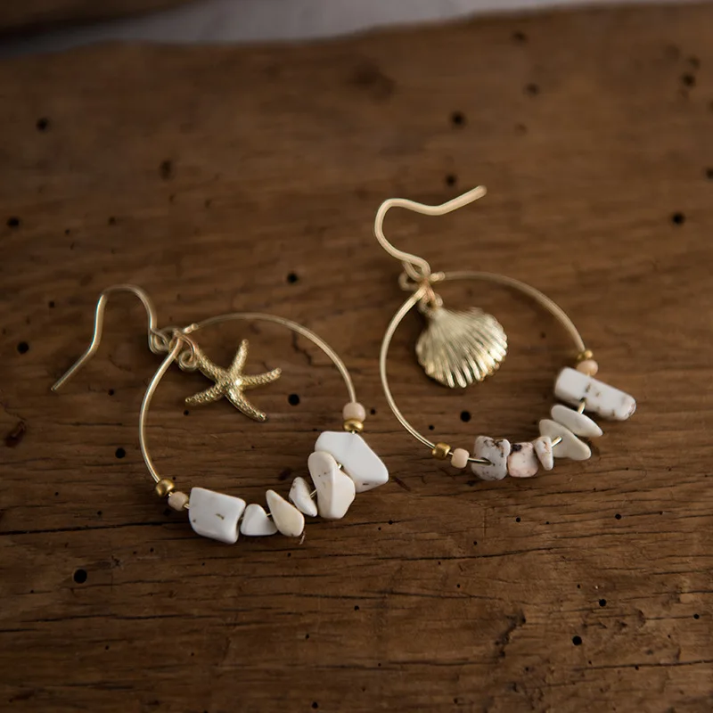

Elegant Big Natural Stone Starfish Shell Circle Drop Earrings For Women Summer Beach Asymmetric Charm Dangle Earring A673