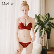 Munllure вышивка винно-красный Винтаж Висячие Шеи нижнее белье для женщин бюстгальтер набор