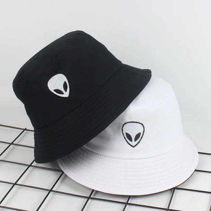 Outdoor Summer Men Casual alien Embroidery Bucket Hat Solid Black and White Sun Hat Women's Flap Fisherman Caps Gorros