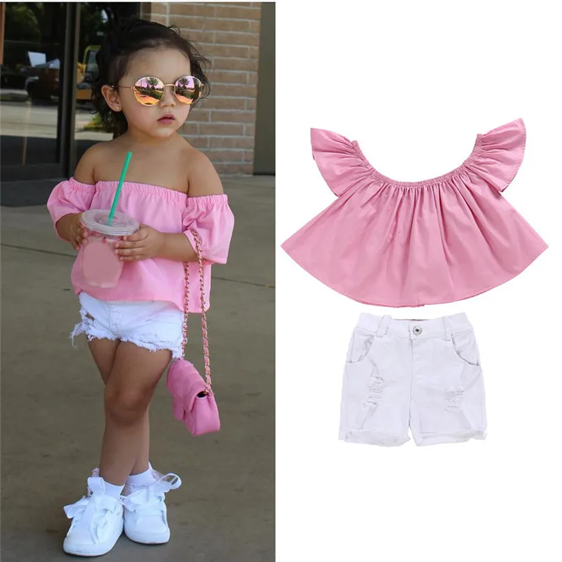 

6 Colors Fashion Cool Toddler Kids Baby Girl Off Shoulder T Shirt Top Shorts Pants Outfit Clothes Set Hot 2017 drop shipped ST27