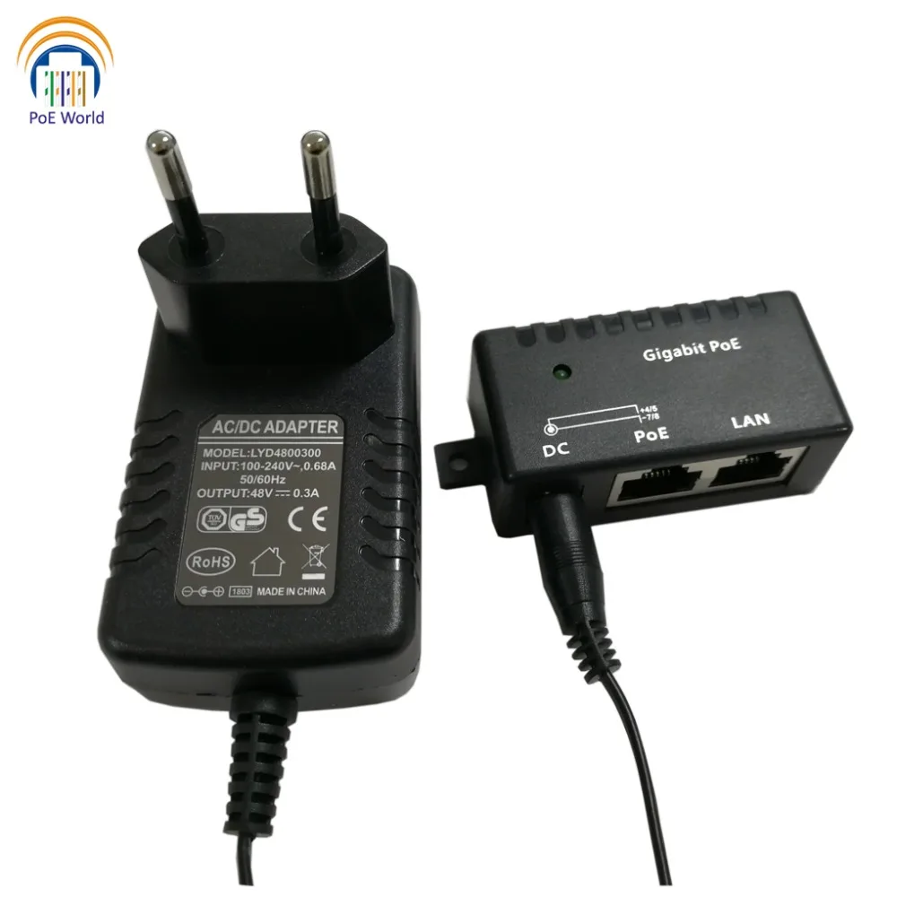 

Mode B power over ethernet Gigabit Passive PoE injector/splitter with 48v15w power adapter for 48V IP camera/WiFi AP/VOIP Phones