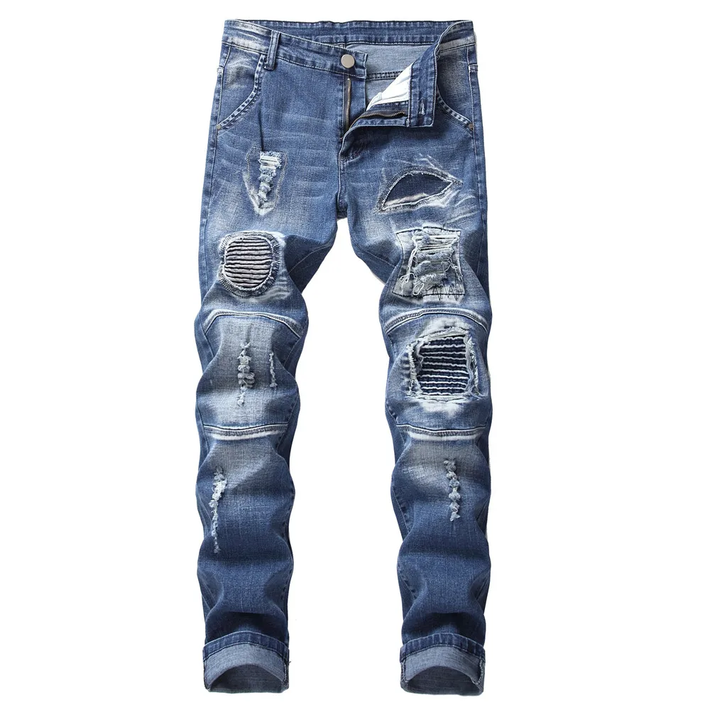 Biker Jeans Men Skinny Hole Motorcycle Stretch Cargo Denim with Embroidered Pleated Slim Jean Men's Plus Size 40 42 Pants | Мужская