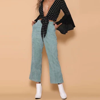 

Corduroy Women Casual Ankle-length Solid Cotton Flare Pants Office Lady Women Green Suit Pants