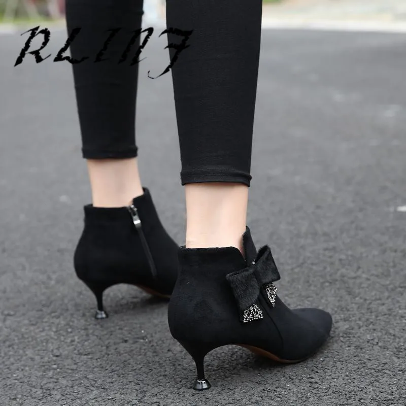RLINF Small Fresh and Lovely Bow with Stiletto Cat Heel Pointed Female Short Boots | Обувь