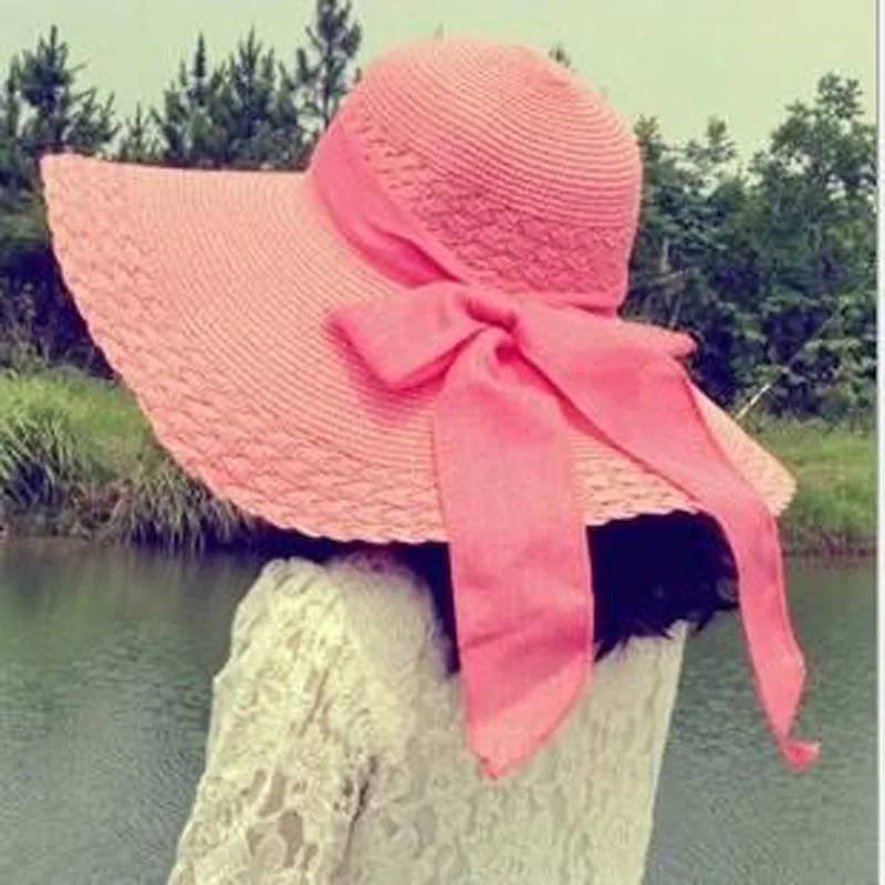 الجملة والتجزئة أزياء النساء واسعة كبيرة مرن بريم الصيف شاطئ قبعة من القش القوس فراشة القوس واقية من الشمس قبعة الشمس