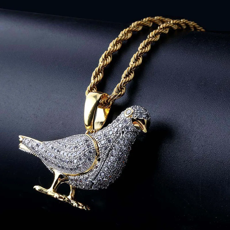 

European and American personality pigeon hiphop men's pendant micro inlaid zircon two-color animal necklace