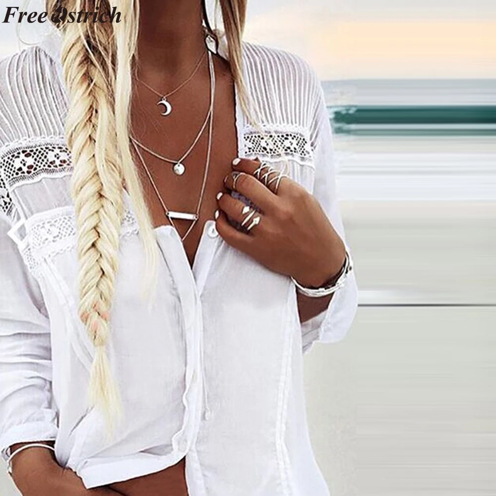 

FREE OSTRICH Women's Cotton White Lace Long Sleeve V-neck Blouse Button Low-cut Cutout Casual Fashion Loose Shirt plus size tops