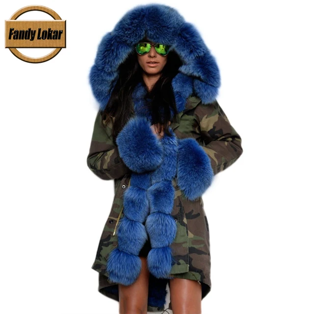 Cheap FL Brand American Military Camouflage Army Parka Long Women Military Coat with Thick Real Saga Fox Fur Hooded Wadded Jacket