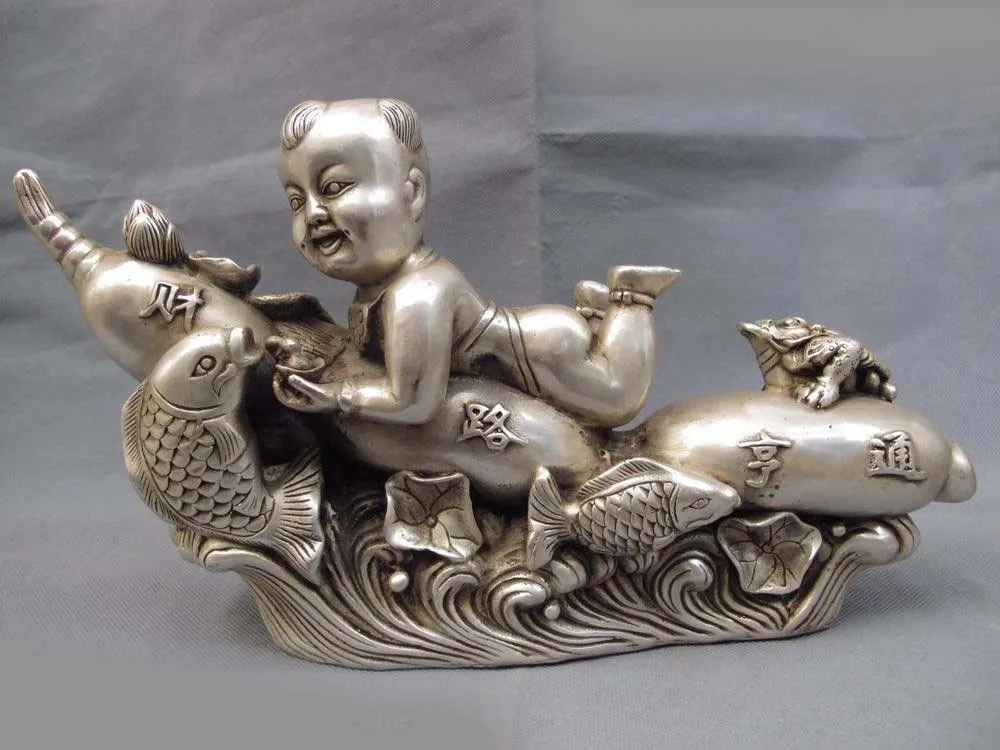

China White Copper Silver Fengshui Lucky Wealth lotus root Boy Toad Fish Statue SD 506