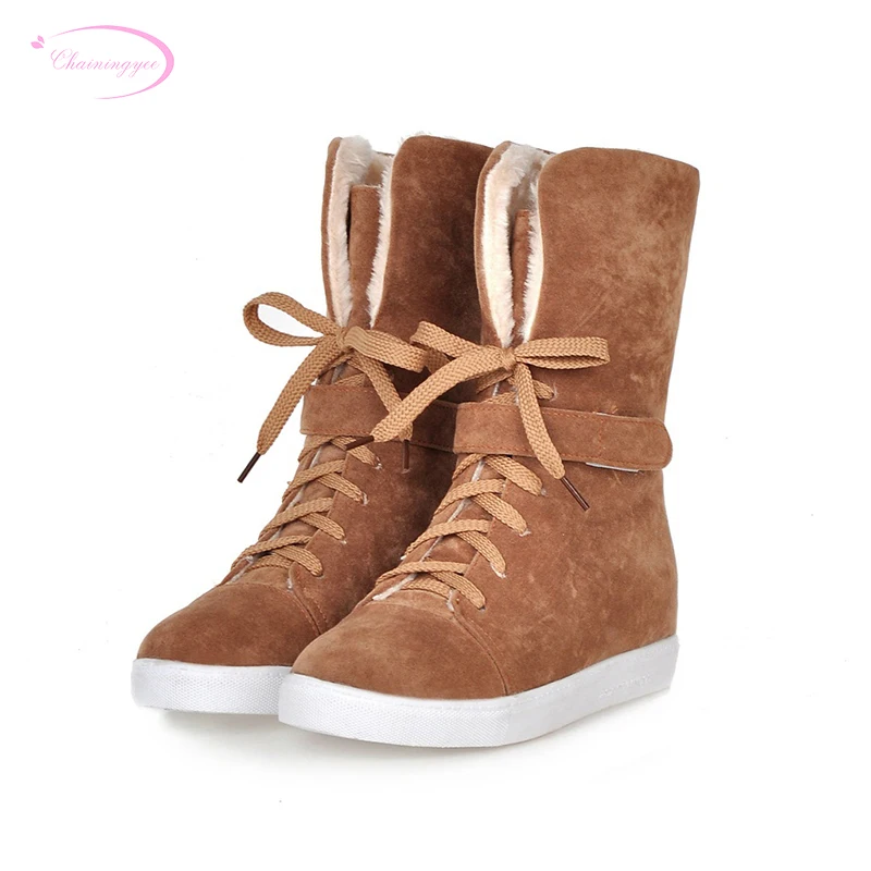 

Chainingyee sweet comfortable round toe warm winter mid calf boots fashion lace-up med with beige red yellow women snow boots